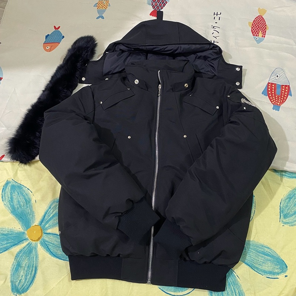 Moose Knuckles Black Down Jacket with Fur Collar and Hood